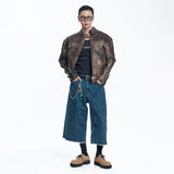 Washed Line Leather Jacket - BROWN