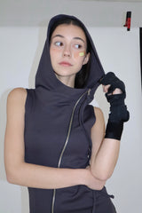 HIGHNECK DRAPE HOOD ZIPUP DRESS