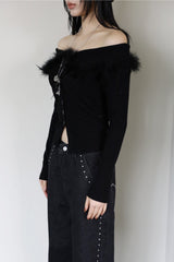 Leaf fur off-shoulder knit