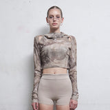 Cowl Neck Cropped Hooded Top [Beige]