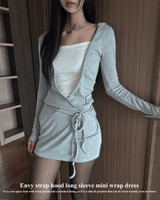 Envy strap hood long sleeve mini wrap dress (3 colors)