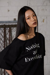 Lettering Oversized One-Shoulder T-Shirt - Black