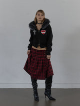 FUR TRIMMING HOODED ZIP-UP / BLACK