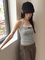 Leve Vintage Lace Ribbon Point Halter Strap Tank Top