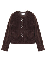 wool no collar brown button fur jacket