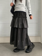 Handad Frill Check Banding Long Skirt