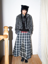 Irregular hemline design printed double-checkered pattern patchwork loose long half skirt