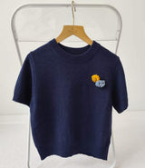 Tours Flower Decor Round Neck Wool Short Sleeve Knit