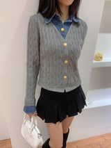 Perry Denim-Layer Cable Knit Long Sleeve Cardigan