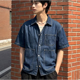Oversized Pocket Short-Sleeve Denim Shirt Indigo