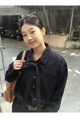 Deep blue bow tie denim shirt