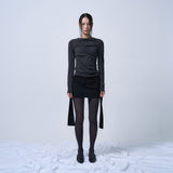 TWIST DRAPE LONG SLEEVE TOP (MELANGE BLACK)