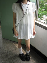 Selly Button Round Collar Puff Sleeve Frill One Piece