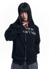Lettering Embroidered Hoodie Zip-Up - Black