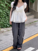 #PR Chiffon シャーリング半袖ブラウス (3color)