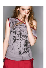 2025 Spring/Summer New Red and Gray Color Collision Slant Shoulder Printed Top