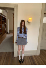 Blue stripe frill long-sleeved cardigan