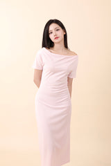 Off-Shoulder Slit Long Onepiece Pink
