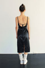 COWL NECK SHIRRING SATIN MIDI DRESS / BLACK