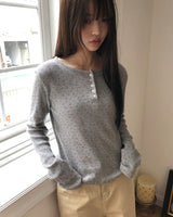 Maem フラワーワッフルヘンリーネックロングスリーブT