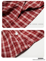 Red checkered shirring long-sleeve shirt
