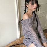 Shallo button printed net one-shoulder long-sleeve knit