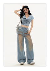 Light blue gradient blush washed straight leg floor-length jeans