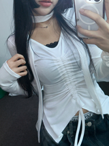 SCARF SET🧸SHRING RUFFLE SLICK POINT SLIM LONG SLEEVE T SHIRT 🧸🤍🖤🩶3COLOR