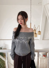 [SHOPPERMADE] オフショルダーリボンノルディックニット+ タイセット(4color)