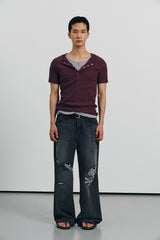 High ribbed henley neck half sleeves(Burgundy)
