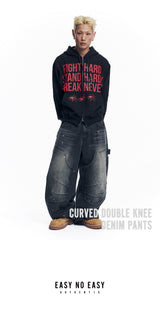 Curved Double Knee Denim Pants - Black