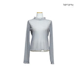 (3color) Wave Half-Neck Check Sheer Tee