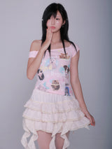Rose Island. Pet star off-shoulder handmade rhinestone printed cotton T-shirt