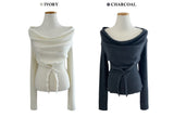 First Muse Off-Shoulder Front Button Long Sleeve Knit Top (2 Colors)