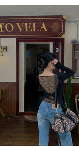 Black bag see-through pad bow long-sleeved shirt