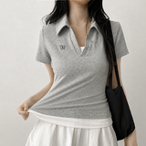 [Shirring T-shirt🤍] Open collar polo layered short-sleeve (5 colors)