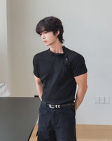 スロウリーボタンマッスルフィットリブドショートスリーブTシャツ