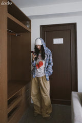 Checkered layered wide banding pants