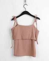 Sirom Ribbon Strap Ribbed Off Shoulder Short Sleeve T-Shirt