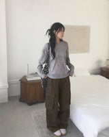 Miken open shoulder button wool long-sleeved T-shirt