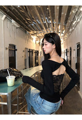 Backless lace point black long-sleeved shirt