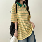 Melba Color Stripe Dangara Collar Short Sleeve Tee
