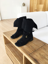 Open toe suede buckle boots