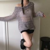 Shallo button printed net one-shoulder long-sleeve knit