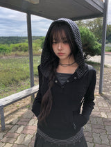 [MADE] Novin ストライプ カラーマッチング スナップフードボタン Tシャツ