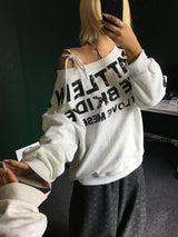 halter off-shoulder T-shirtoff-shoulder lettering sweatshirt