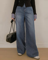 Fleece wide denim pants