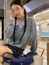 Collar Layered V-neck Long-Sleeved Knitwear