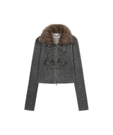 FUR COLLAR GRAPHIC KNIT ZIP-UP_GREY