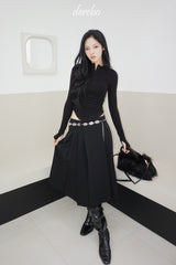 Black Royal Pleats Midi Skirt